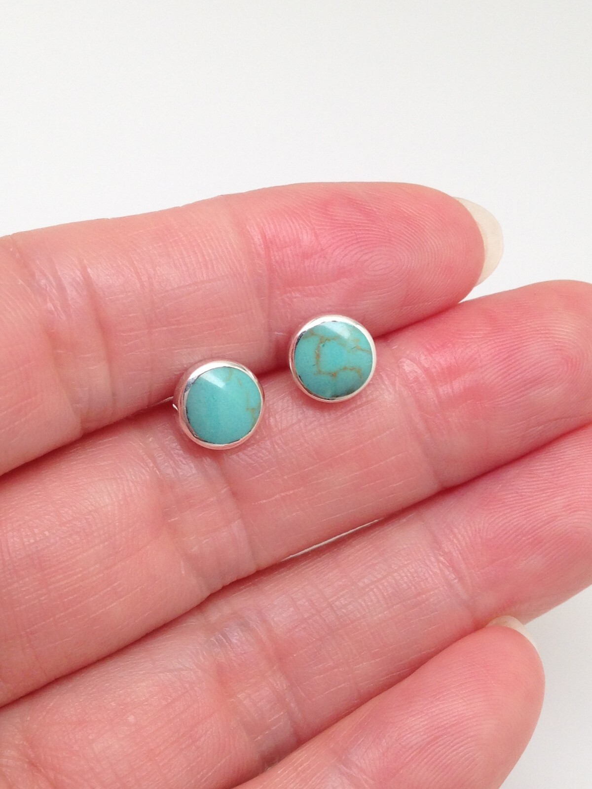 Round Turquoise Stud Earrings 925 Sterling Silver Post Small 7mm/0.28″