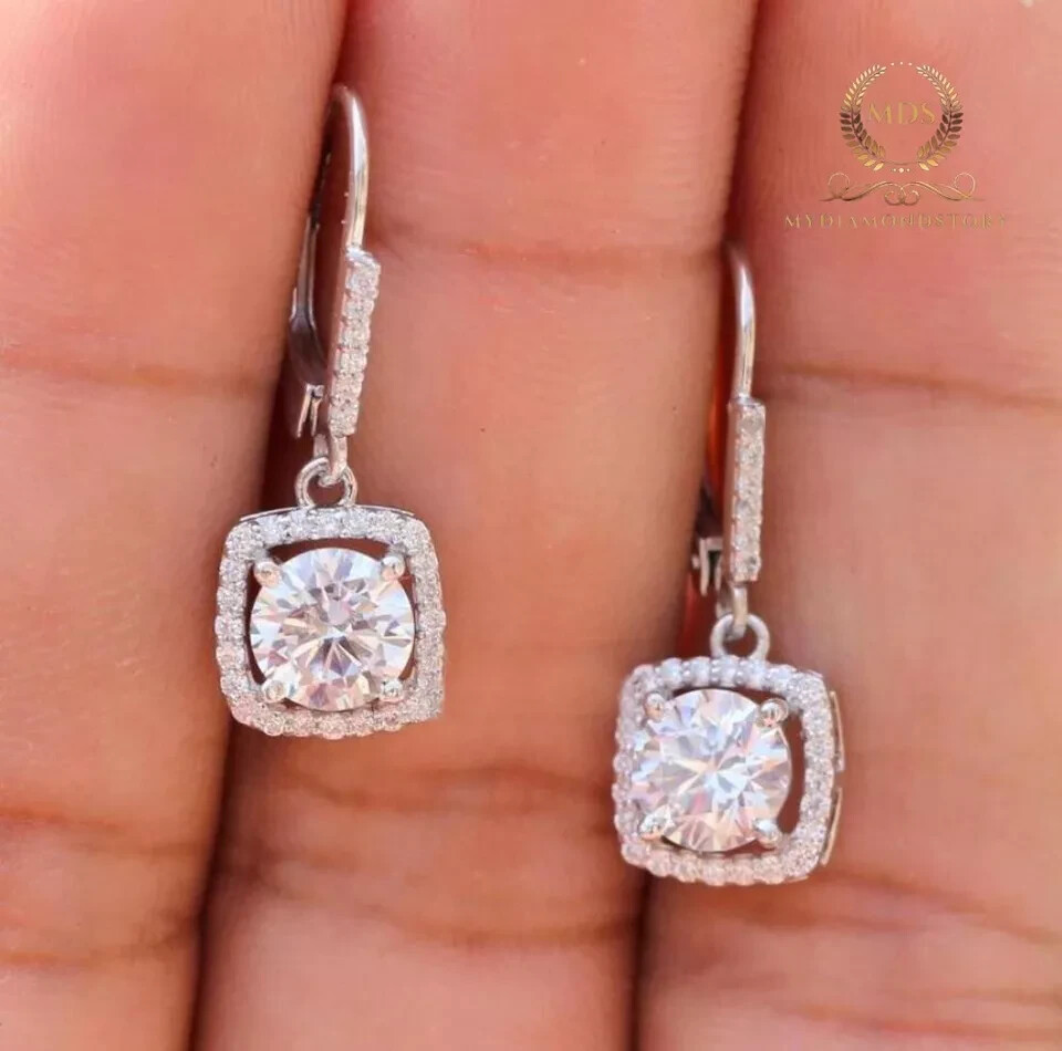 Moissanite Drop/Dangle Lever Back Earrings Round Cut 2.50 CT 14K White Gold VVS1