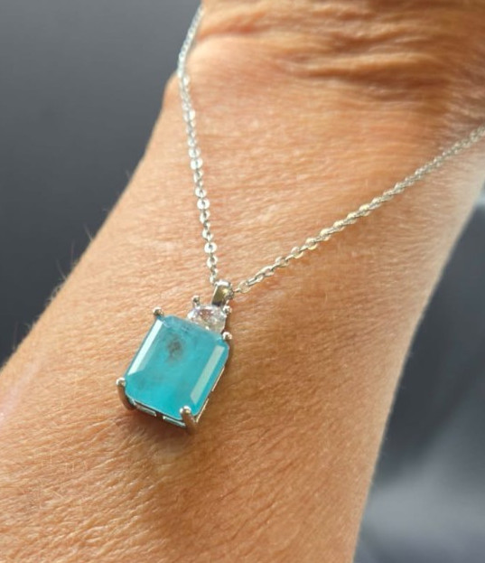 Emerald Cut Silver Tone Turquoise Blue Stone Accent Pendant Necklace