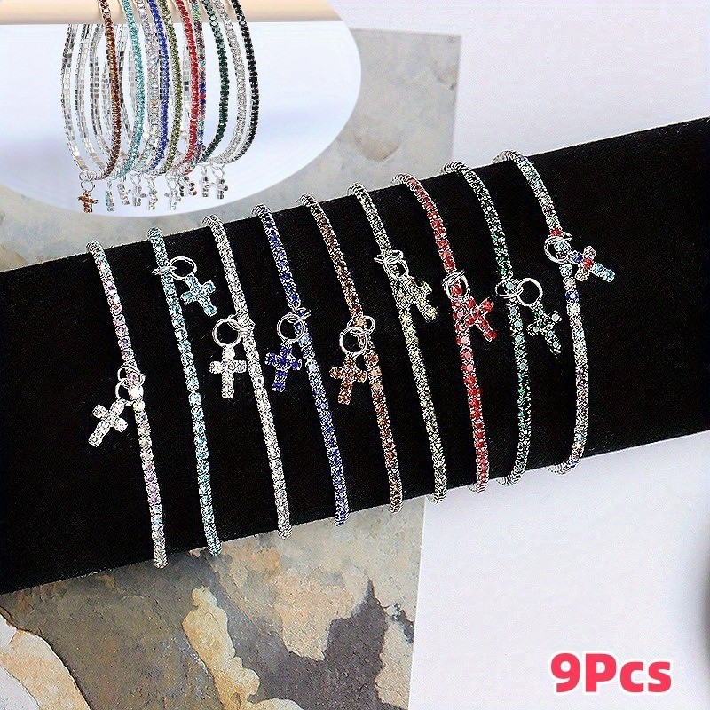 9Pcs Colorful Bracelets Cross Charm Stretch Sparkly Party Banquet Jewelry Gift