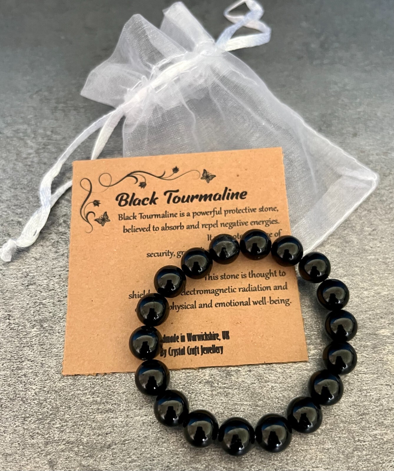 BLACK TOURMALINE Bracelet Stretchy Handmade +Gift Bag +Card Crystal Gemstone 8mm