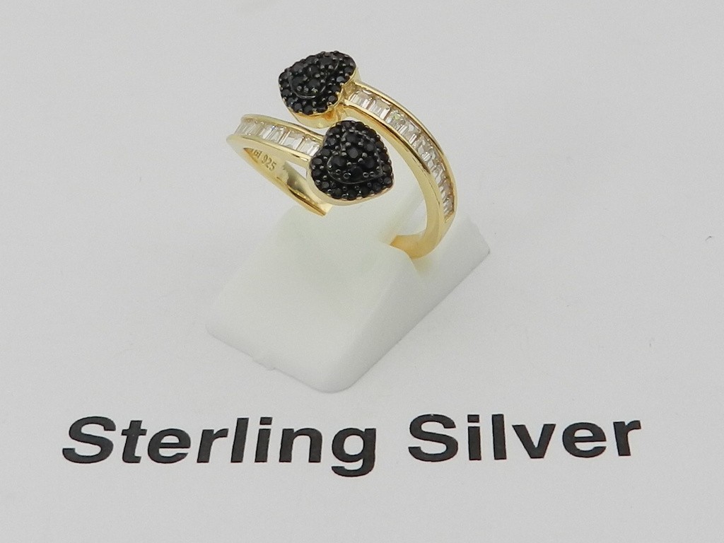 Macy’s Black Cubic Zirconia Two Heart Bypass Ring in Sterling Silver,7