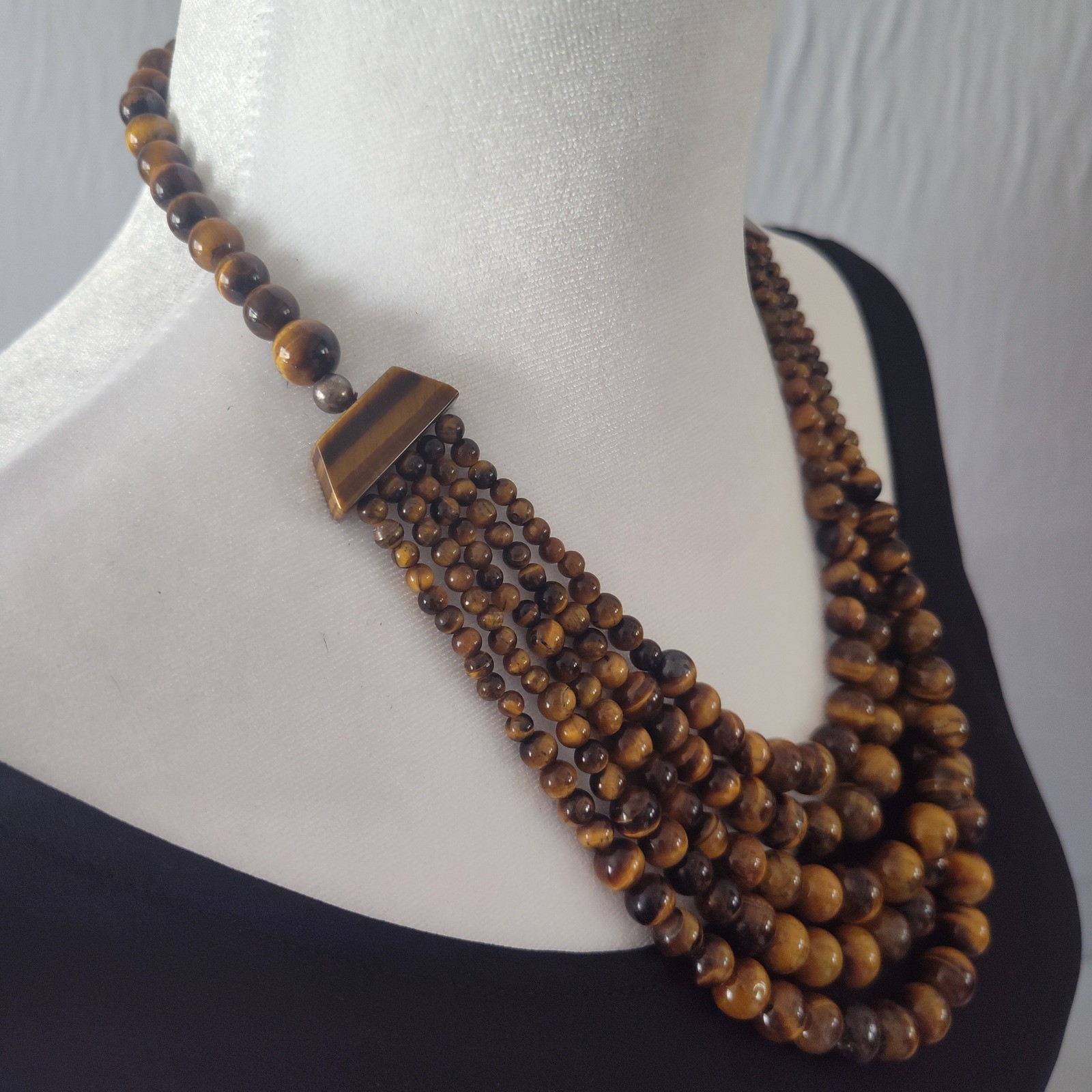 Tigers Eye Multi Strand Bib Statement Necklace Graduated Beaded Brown Gemstone