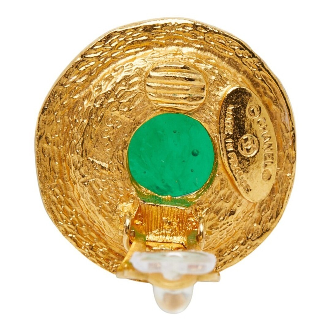 CHANEL Vintage Logo Gripoix Green Cabochon Gold Plated Clip On Earrings