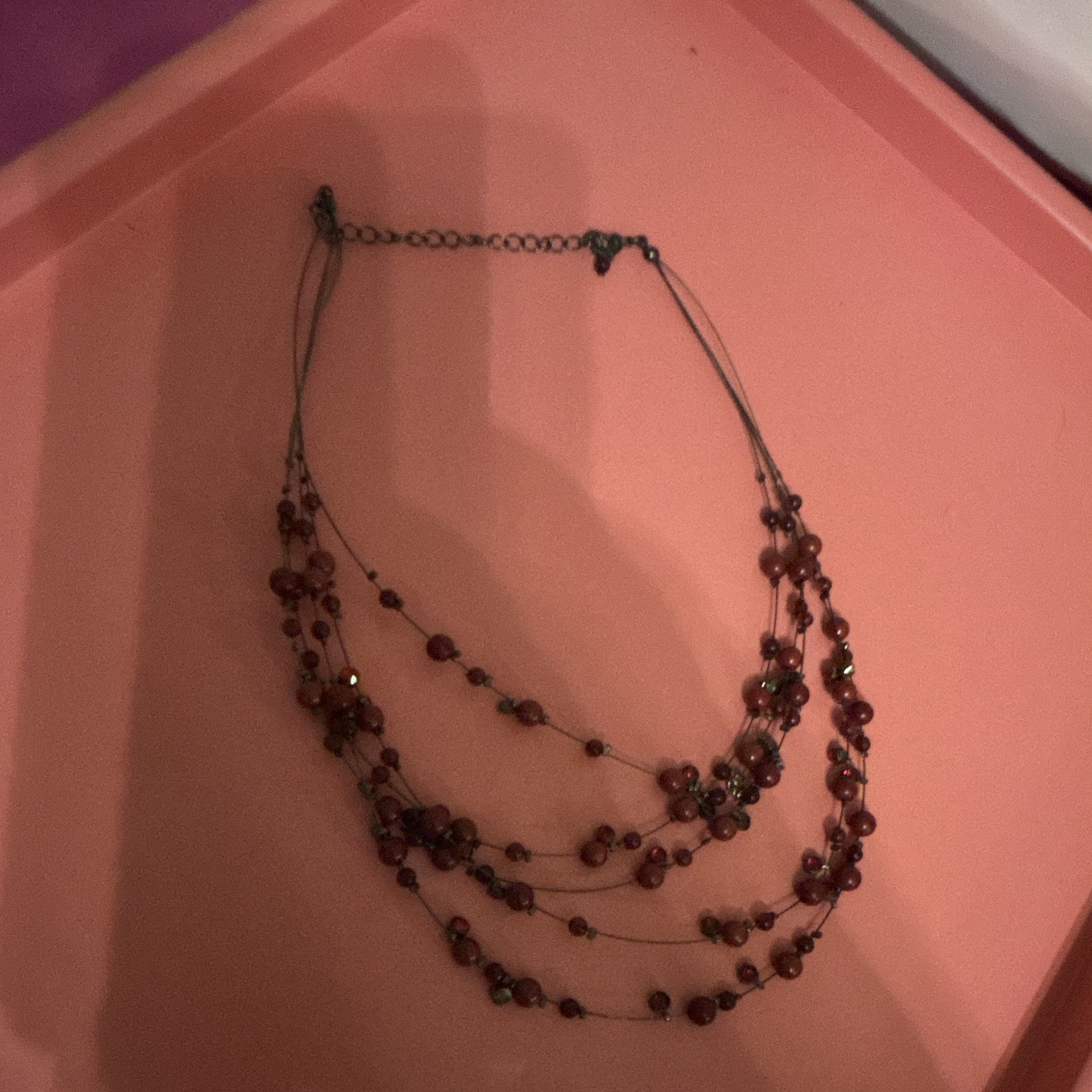Layered Multi-Strand Red Round Glass Bead Necklace Silver Tone Lobster Clasp