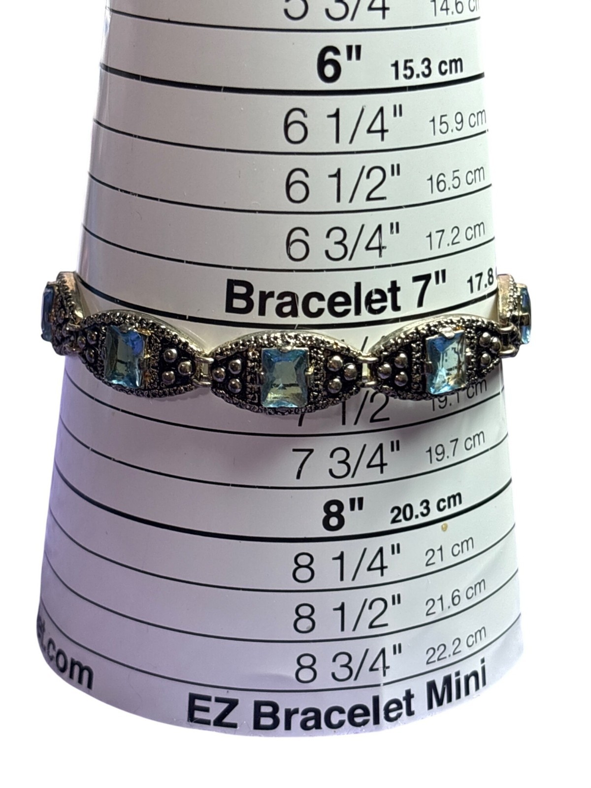 Blue Square Glass Rhinestone Silvertone Bracelet Fold Over Clasp 7.25 inches