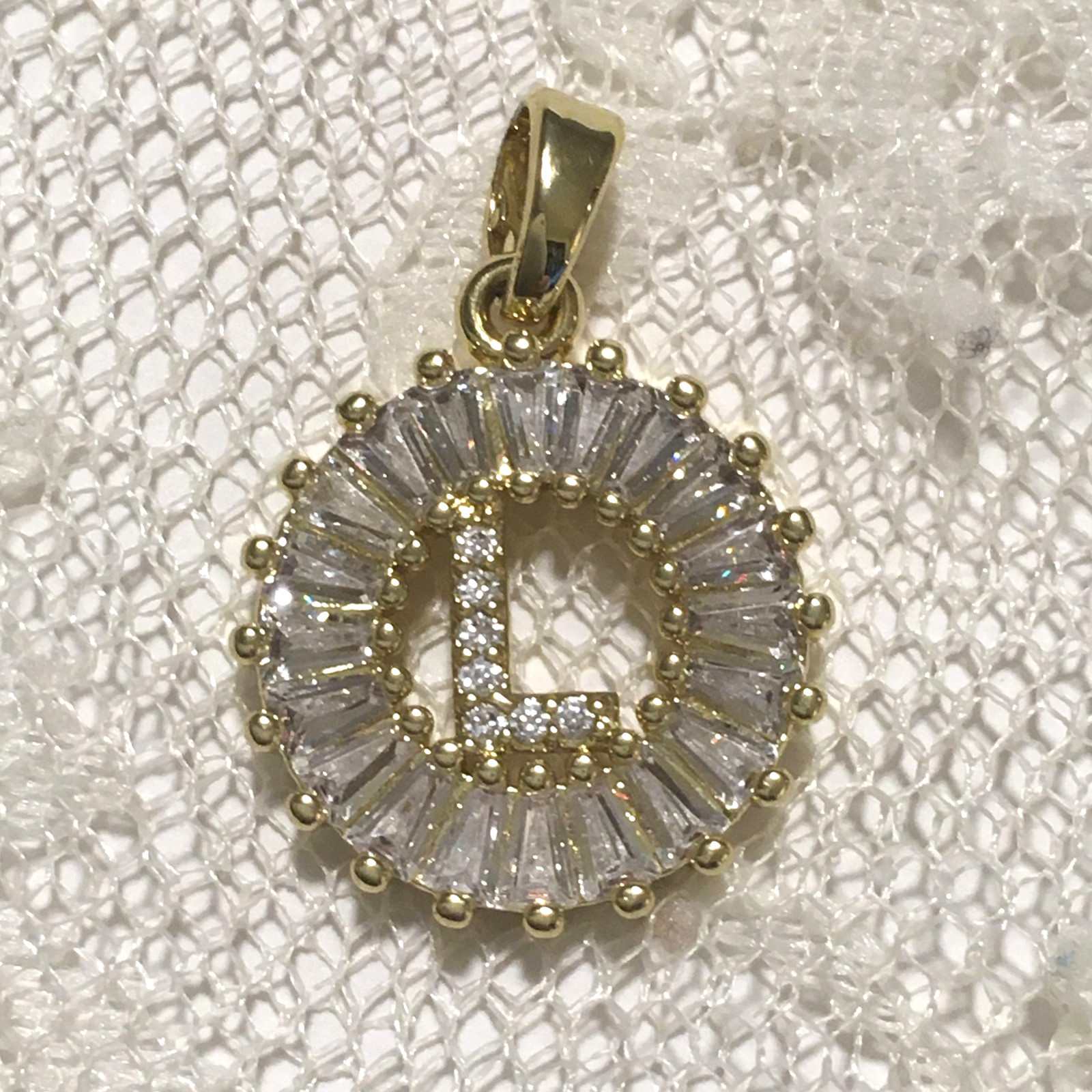 Letter L Pendant Gold Tone Rhinestones Baguettes .75″ wide