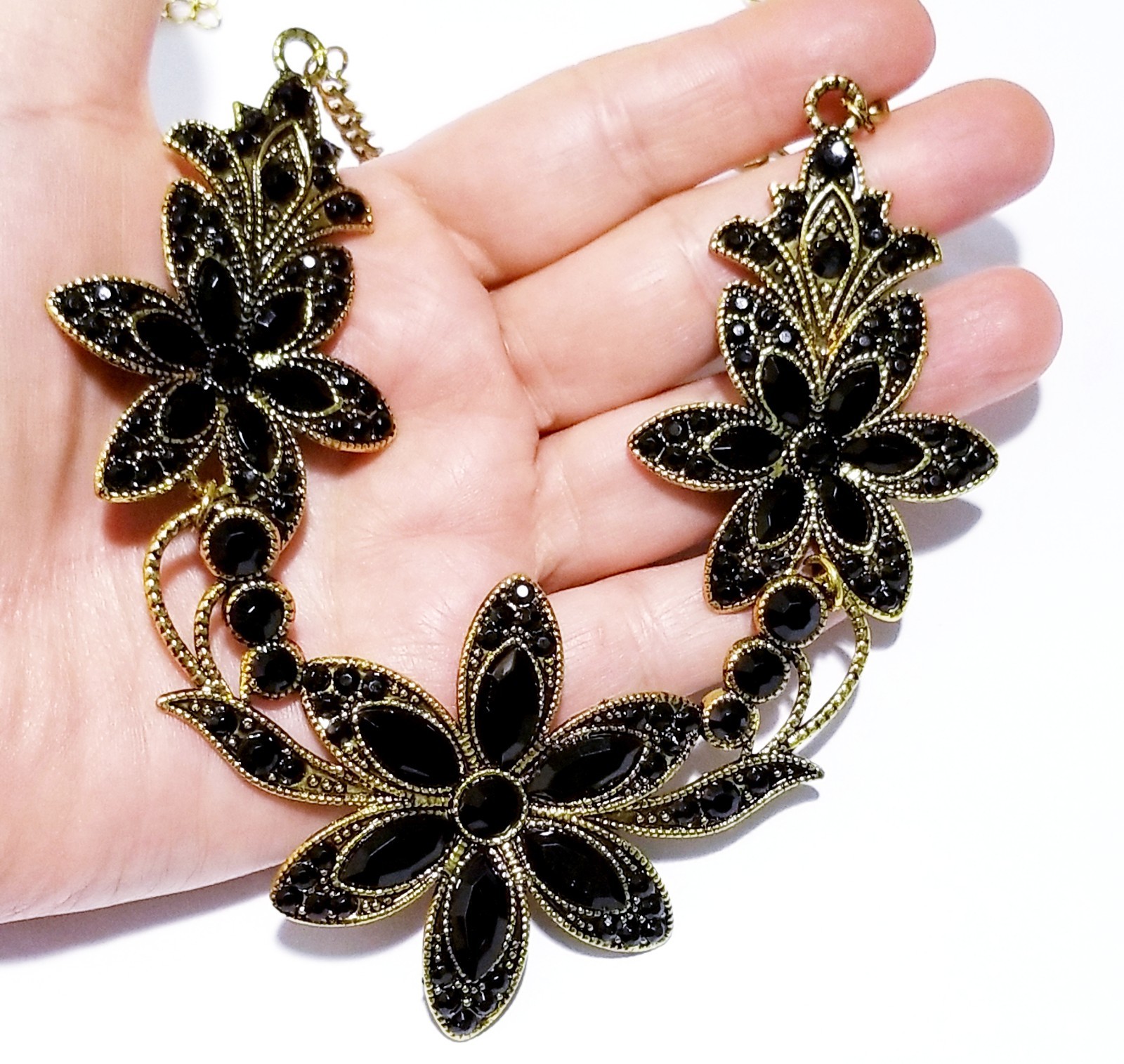 Black Floral Crystal Choker Rhinestone Necklace ONLY Bridal Prom Pageant