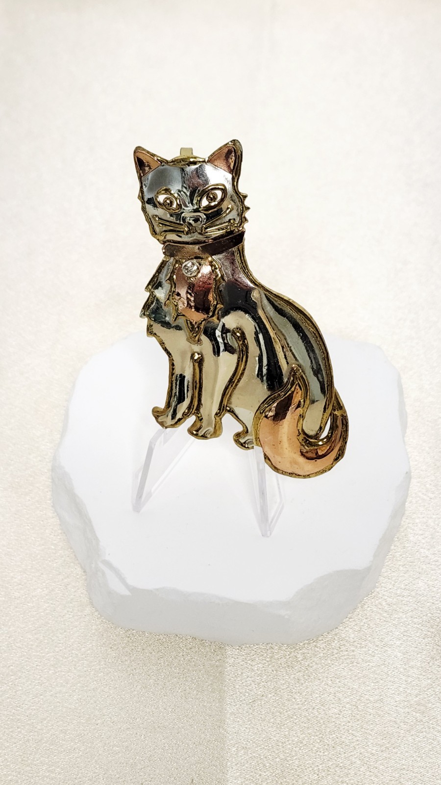 Vintage Copper & Silver Tone Mixed Metals Cat Brooch Pin 3.5″ L – Made In Mexico