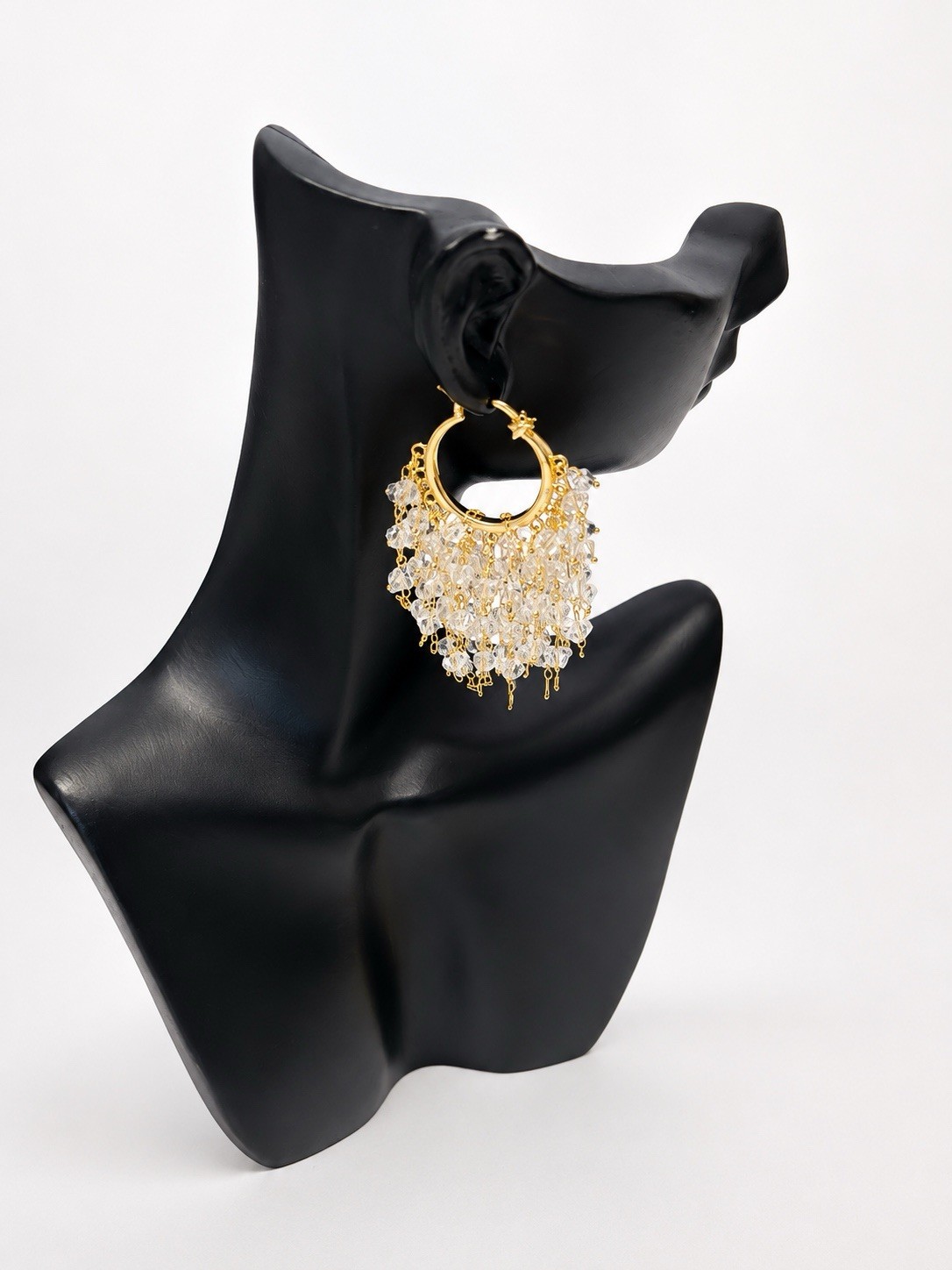 Yellow Gold Plated Hoop Dangle Earrings Clear Round Crystal Fringe Latch Back