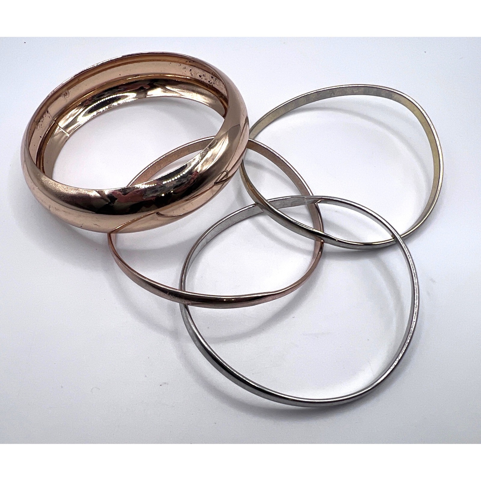 Mixed Metal Bangle Bracelet Set Gold Silver Rose Tone Wide & Triple Bangle