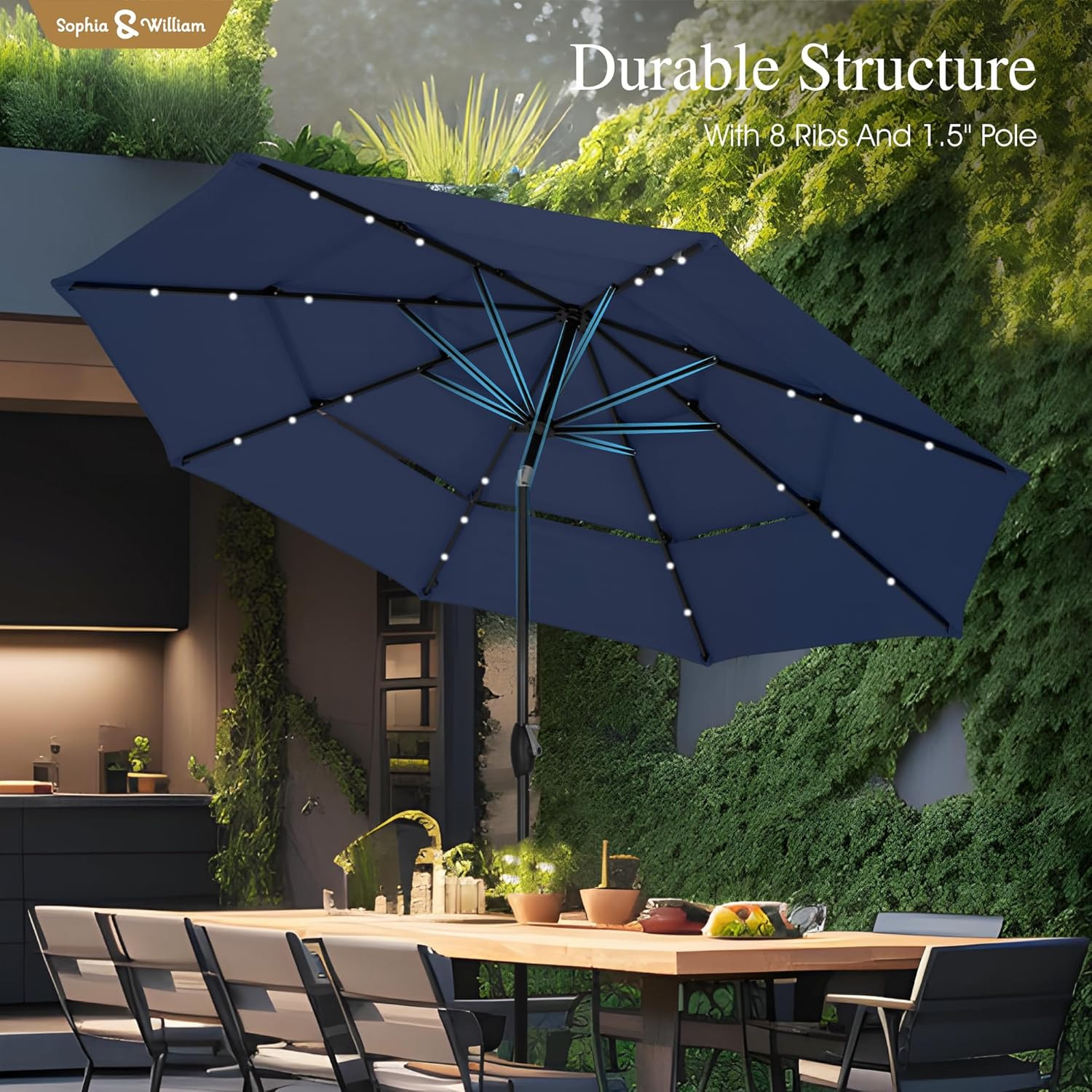 10Ft Navy Patio Umbrella with 24 LED Lights & Adjustable Tilt for Outdoor Use