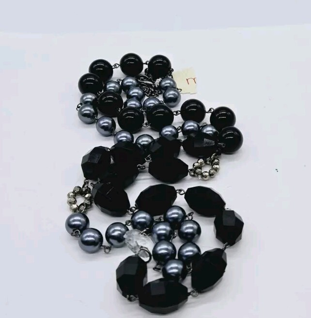 Beaded Black & Gray Silver Tone Beaded Long Necklace Lot of 2
