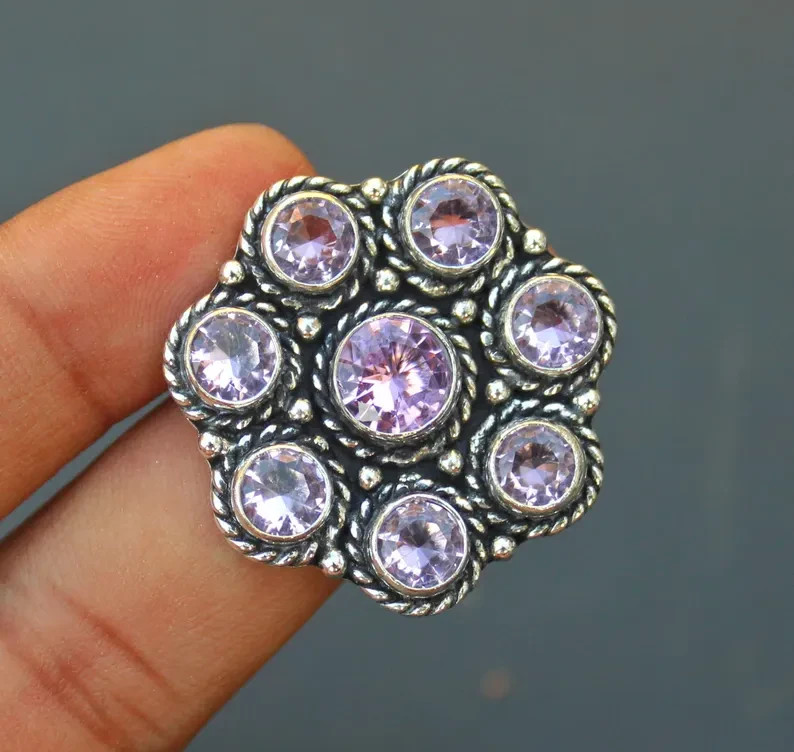 Pink Kunzite Floral Cluster Silver Ring | Vintage Statement Ring | Round Cut