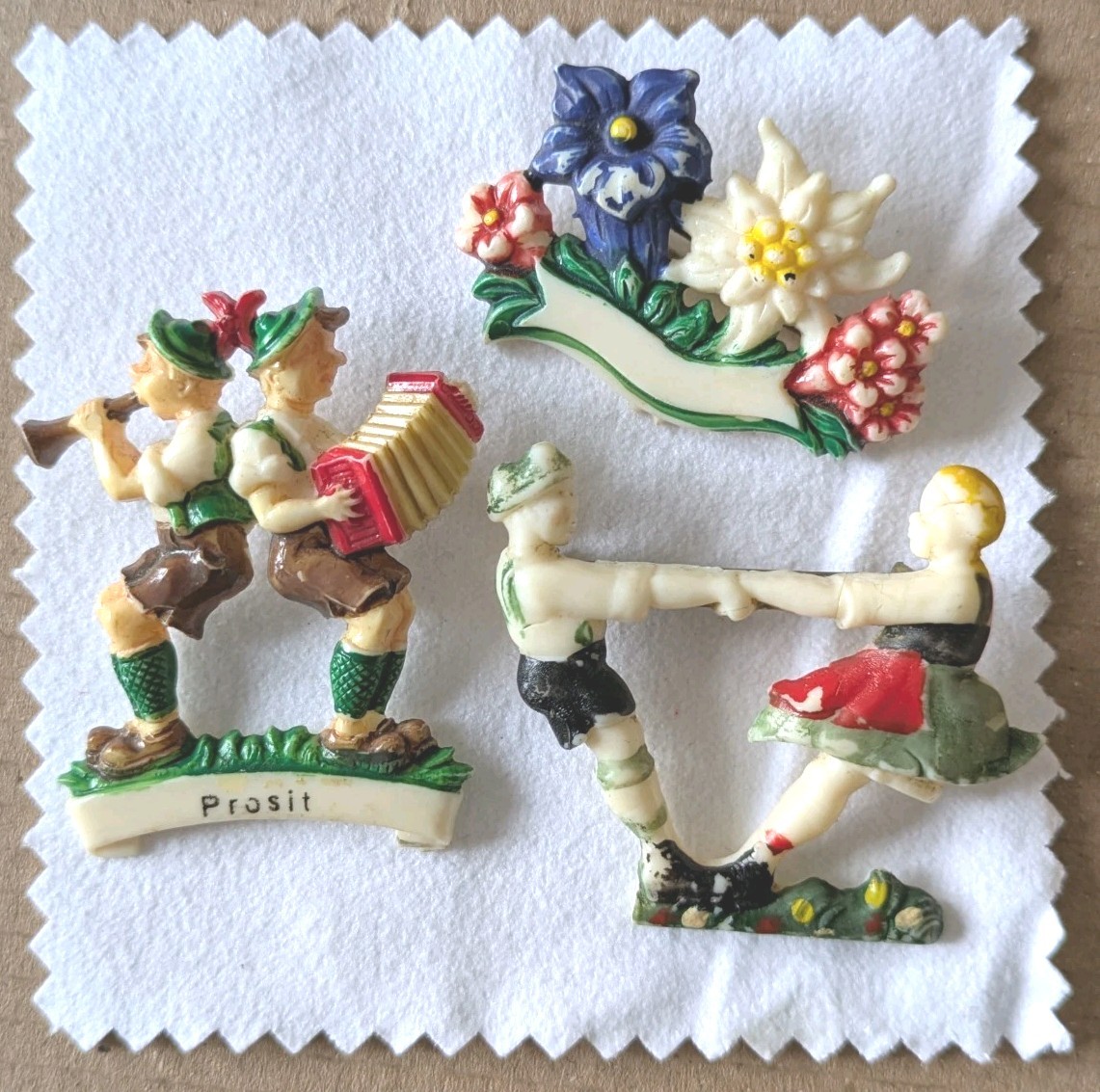 Vintage, Hand painted Celluloid 1950s-era German or Bavarian souvenir brooches