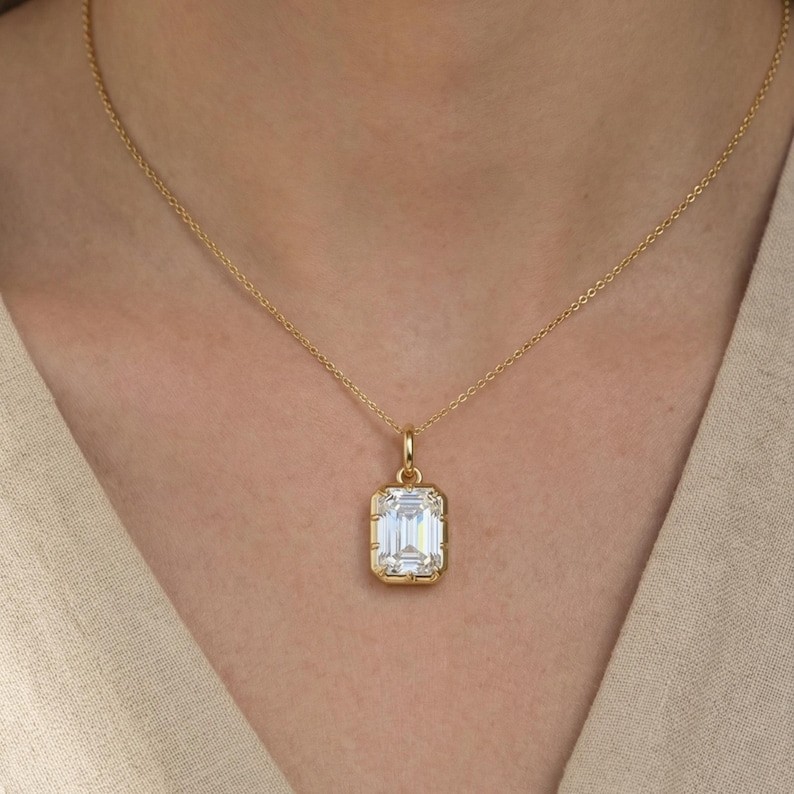 1.50 Ct Emerald Cut Lab Grown Diamond Pendant Bezel Set Anniversary Gift For Her