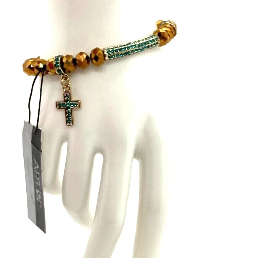 APT. 9 Gold Tone Stretch Bracelet with Faceted Beads & Green Pave Cross Charm