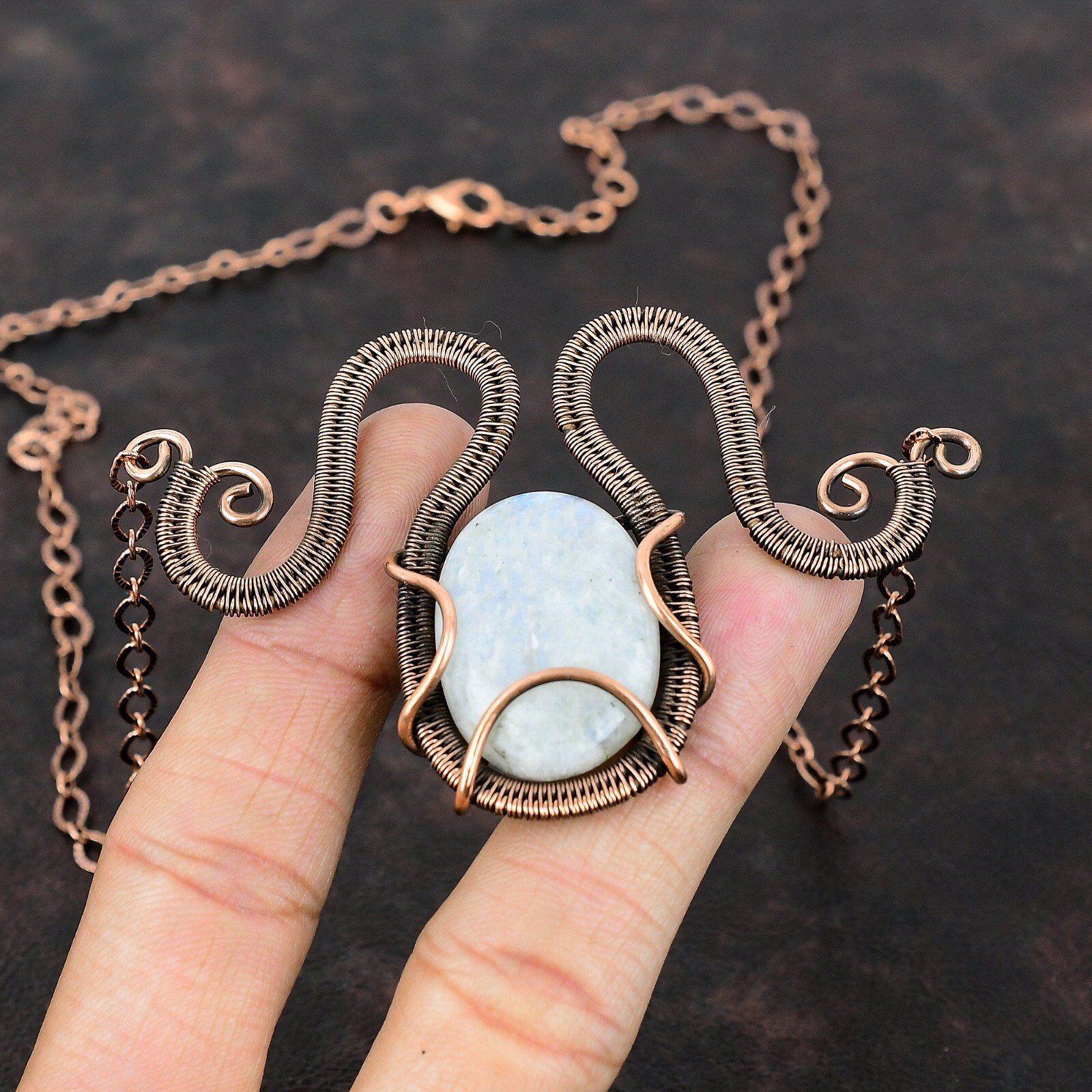 Rainbow Moonstone Wire Wrapped Adjustable Handcrafted Copper Ethnic Gift 18.0″