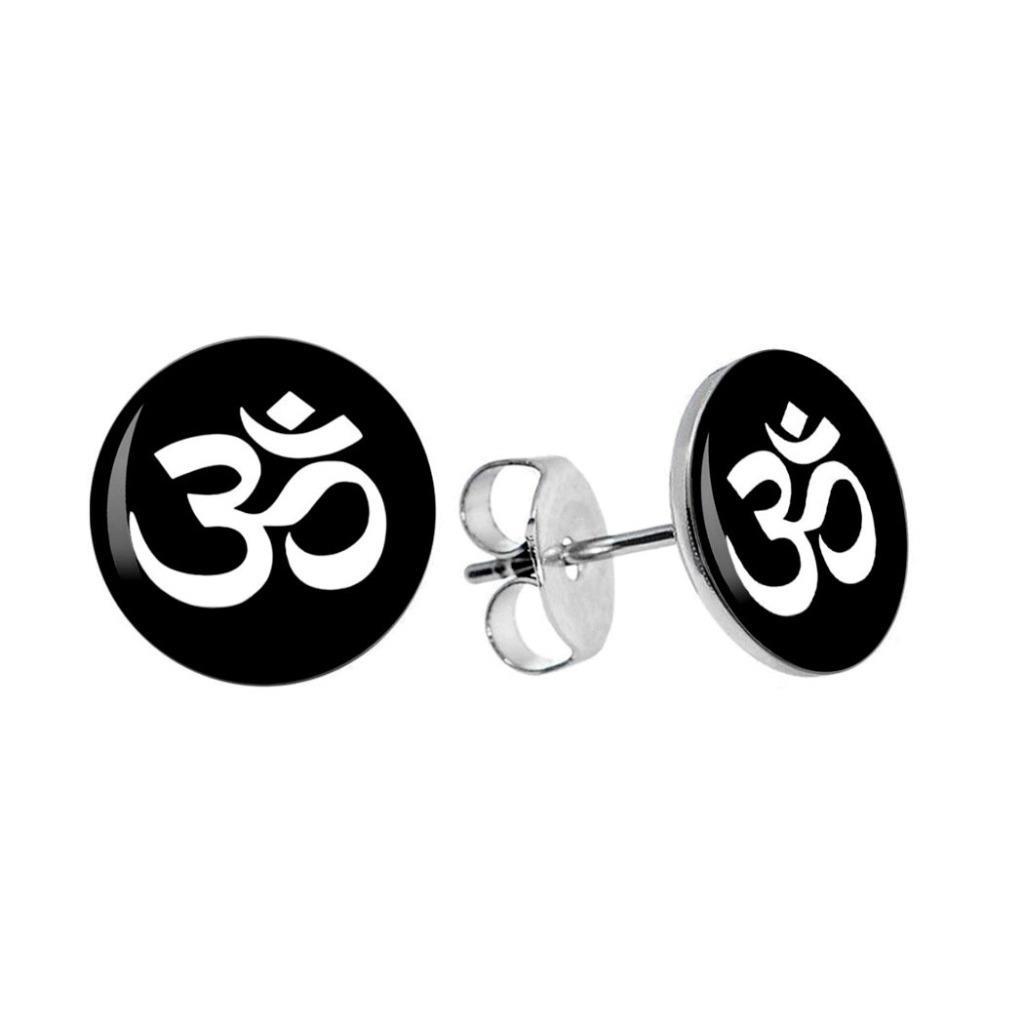 OHM EARRINGS 10mm Stainless Steel Stud Post Round Black Unisex Om Aum Yoga Hindu