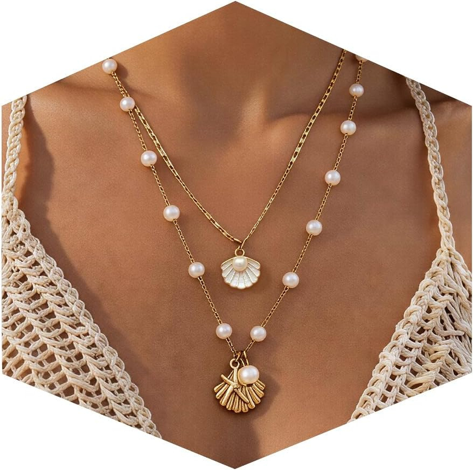 Beach Shell Necklace for Women Layered Gold Chain Summer Beach Vacation Jewelry