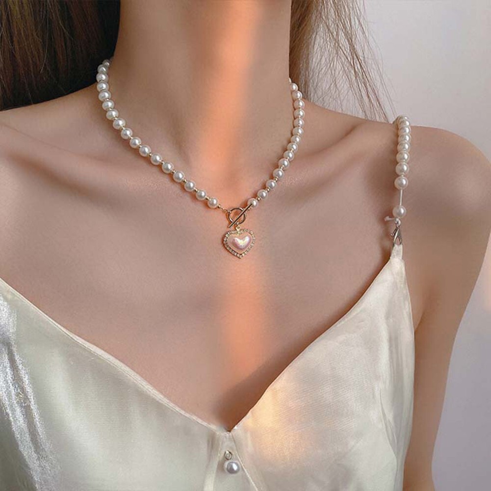 Heart Pendant Necklace Pearl Choker Korean Style Elegant Clavicle Chain Jewelry