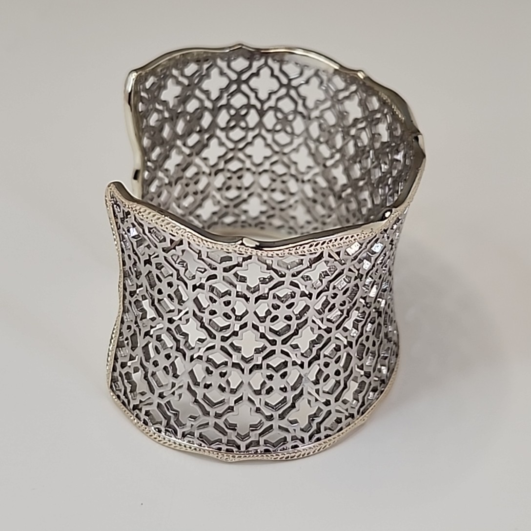 Wide Cuff Bracelet Satin Silver Tone 4cm Clover Openwork 6.5″