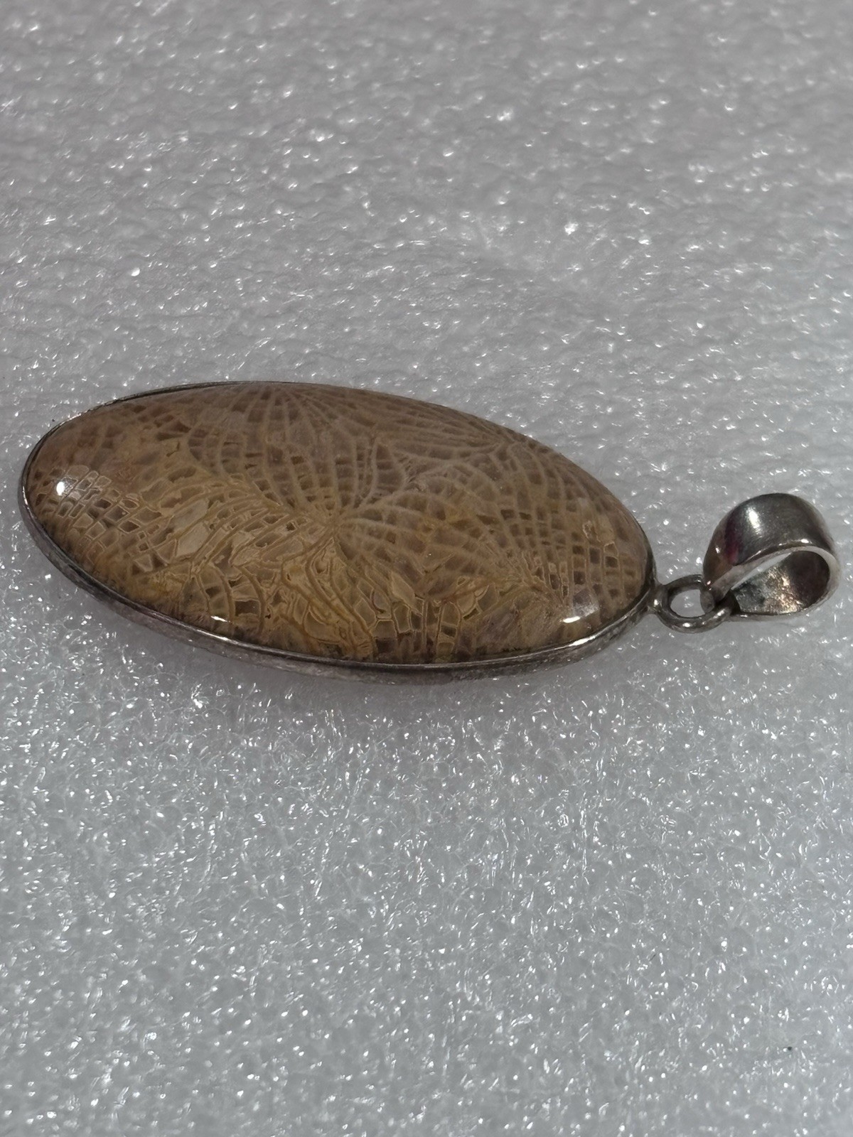 Fossilized Coral Stone Sterling Silver Pendant 925 Tan Orange 8.6g