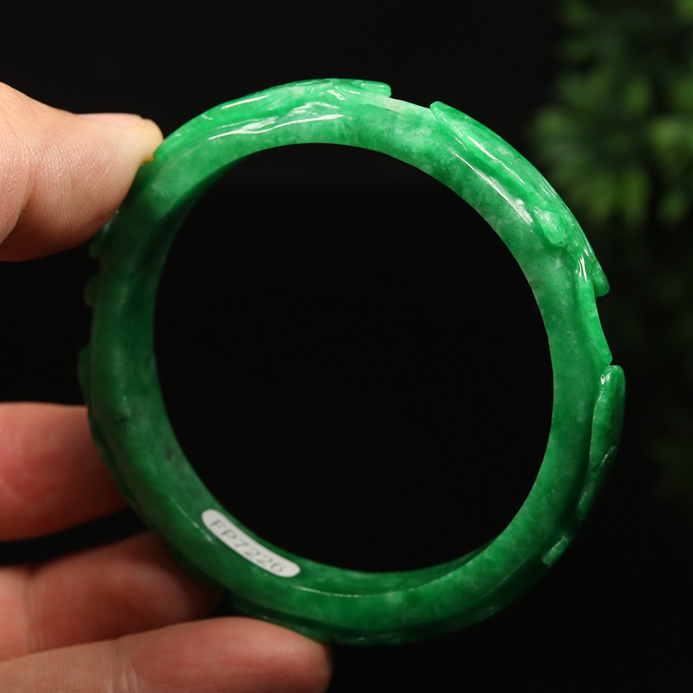 59mm Emerald Green Jadeite Jade Bangle Bracelet Handmade Ruyi Flower Bat A-14505