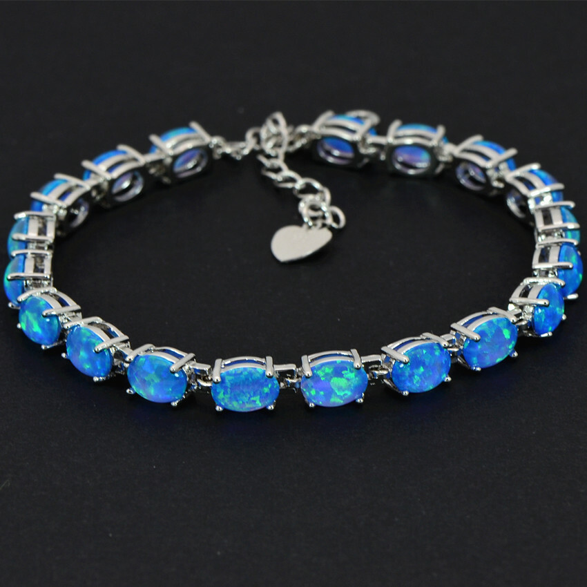 Vikoly Blue/White/Orange/Pink Oval 925 Sterling Sliver Fire Opal Bracelet 18cm