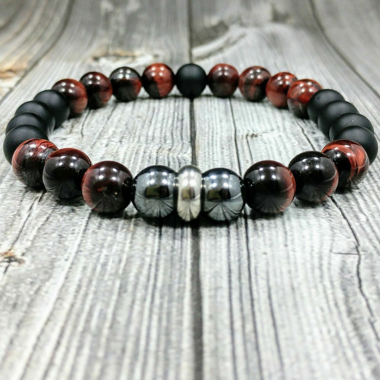 Men STAINLESS STEEL 10mm Tigers Eye+Hematite+Onyx Gemstone Beaded Bracelets Gift