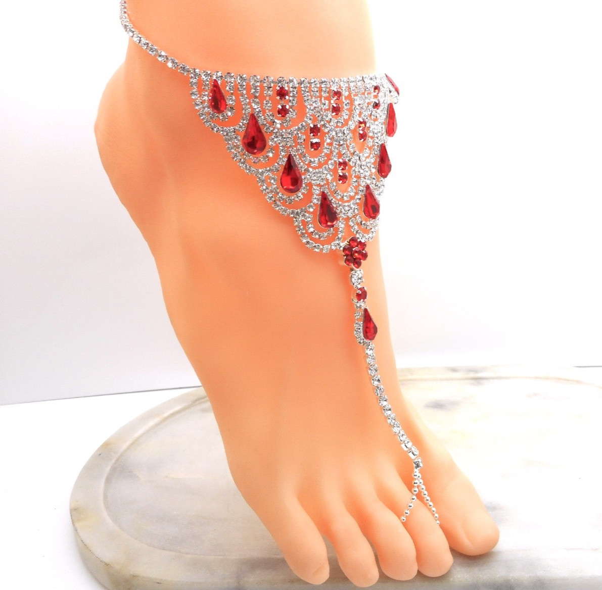 Slave Anklet Attached Toe Ring One Ankle Bracelet Silver Plated Deep Red Crystal