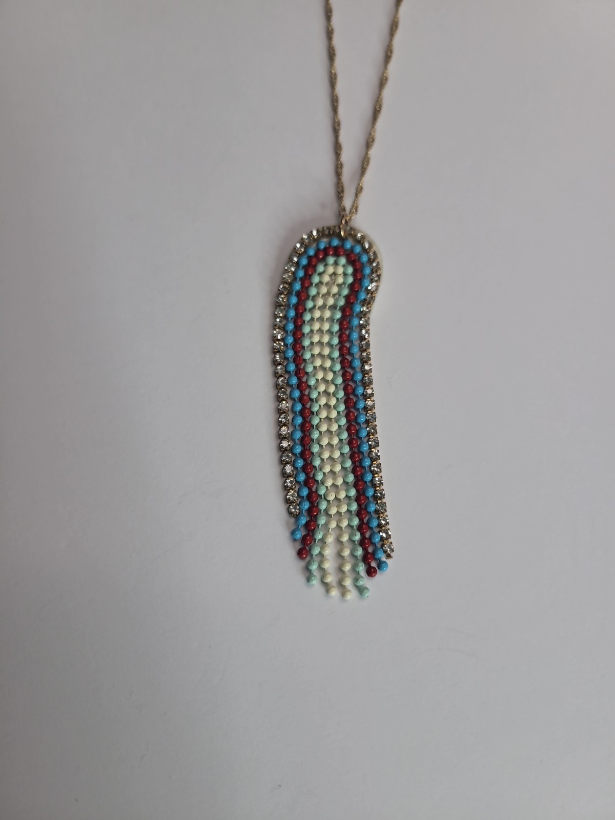Boho Beaded Tassel Pendant Necklace Rhinestone Fringe Turquoise Red Gold Tone St