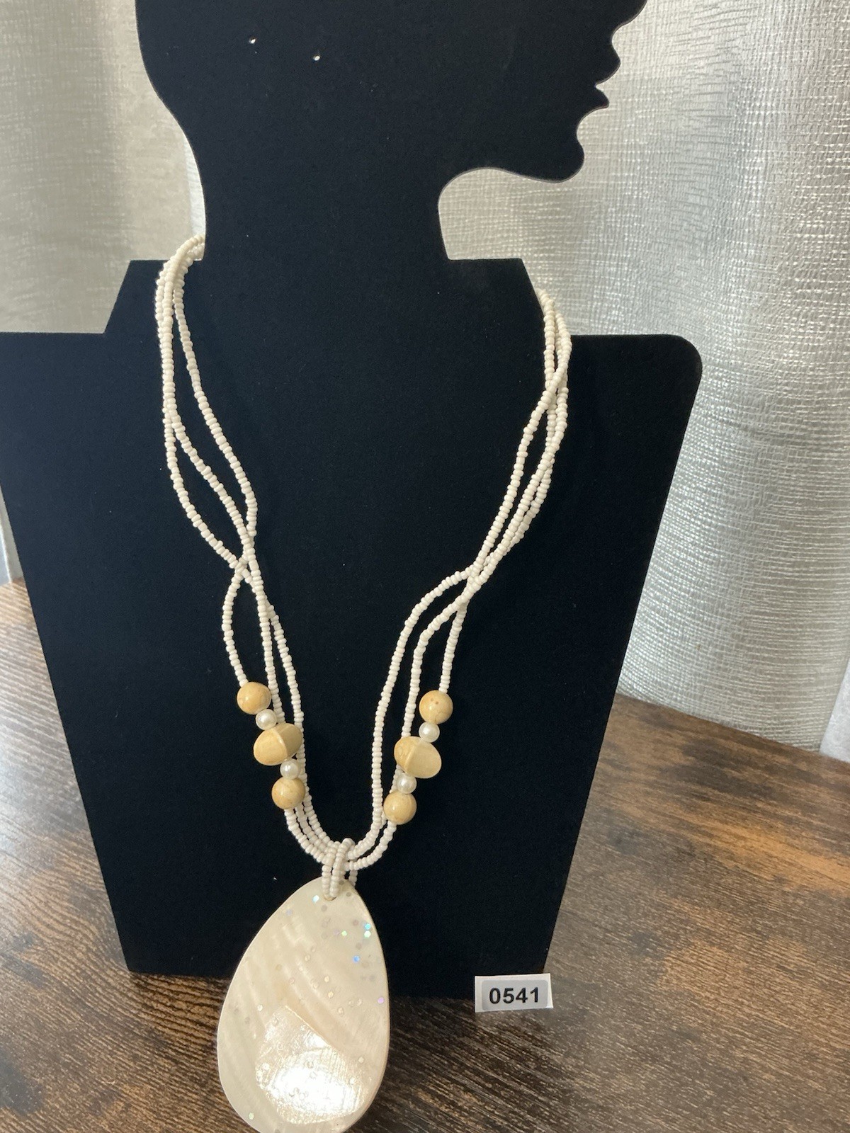 White Shell Beaded Multi-Strand Statement Necklace Teardrop Pendant Adjustable