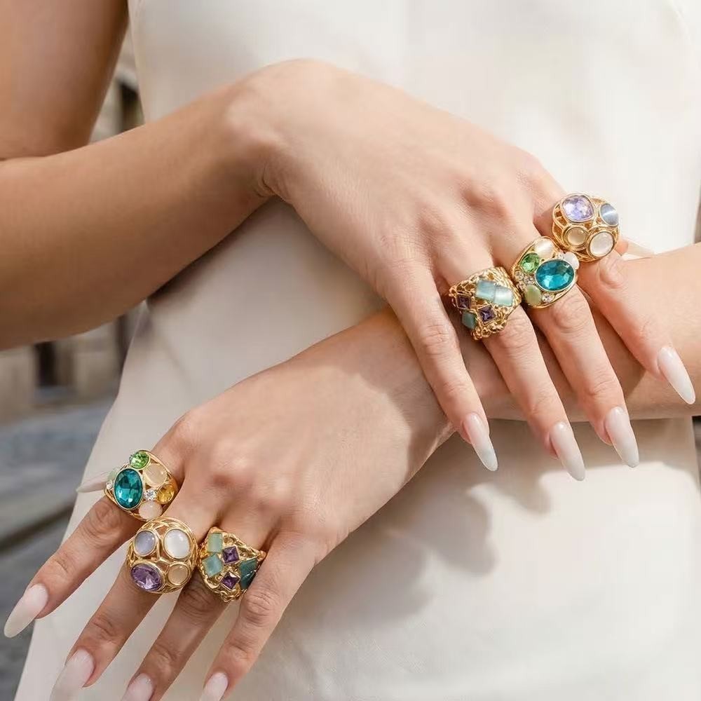 Woman 18k Gold Plated Simulated Opal Multicolor CZ Band Ring Anti-tarnish 7/8/9