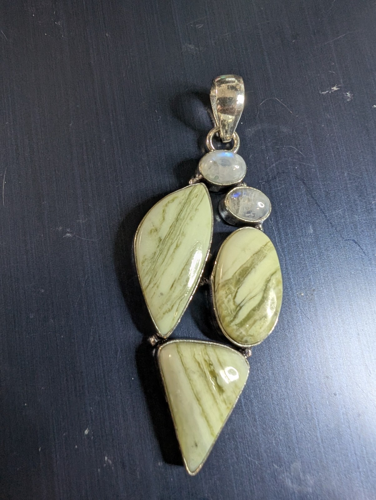 Larsonite Jasper Moonstone silver plated pendant 2.62″ long DAD1072