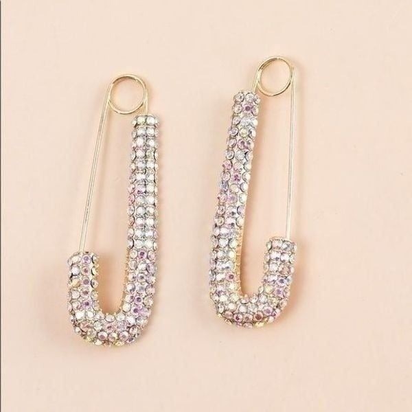 Boutique Safety Pin Earrings Gold New Iridescent Rhinestone Statement