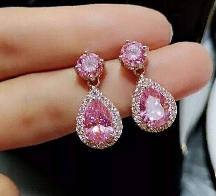 Drop Dangle Earring’s 2CT Pear Cut Simulated Pink Sapphire 14K White Gold Plated