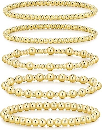 Gold Bracelets for Women, 14K Gold Plated Beaded Stretch Bracelet Strand Bead…