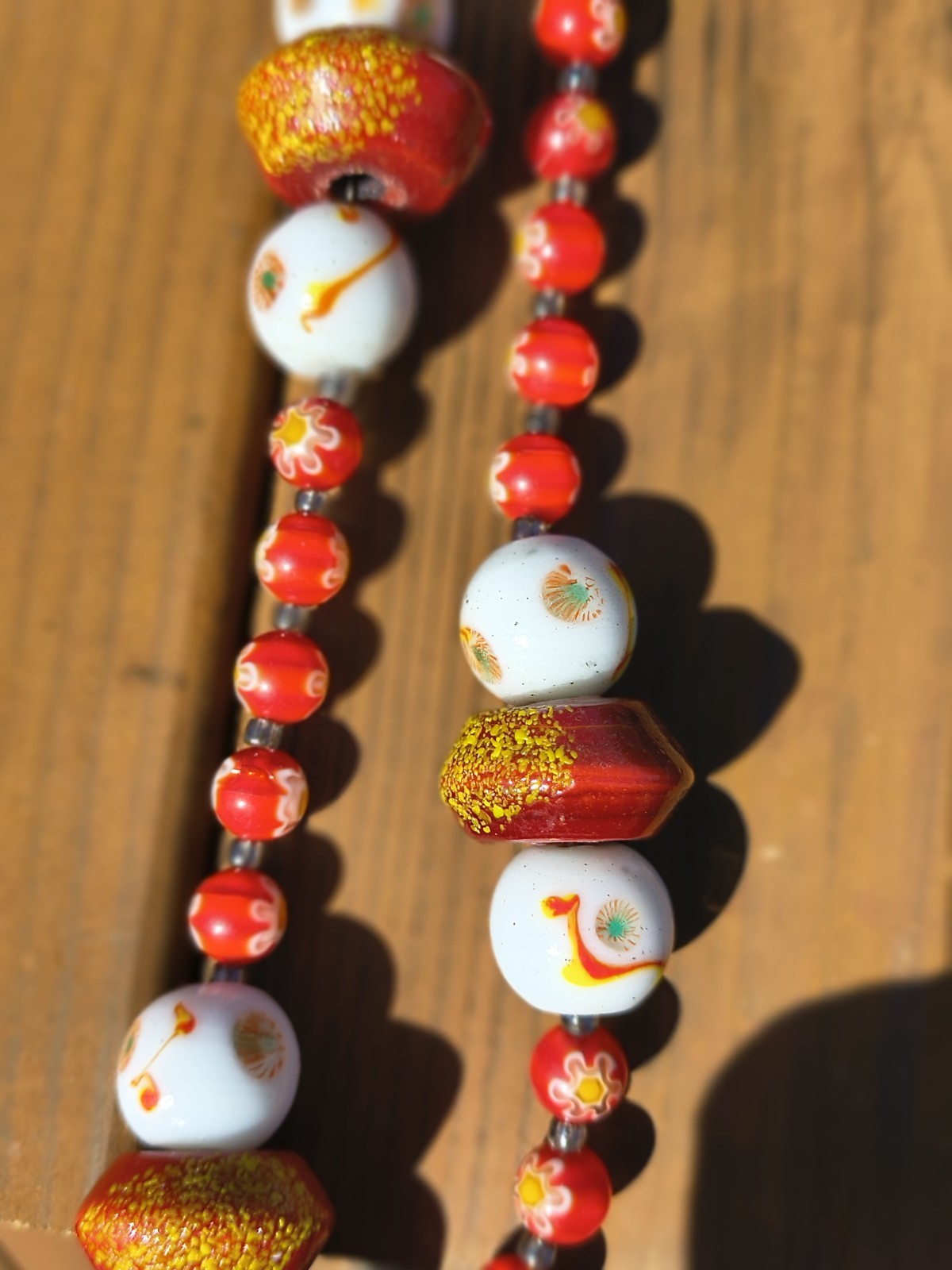 Glass And Clay Beaded Necklace Red Floral/White Japanese Looking,Oblong Are Clay