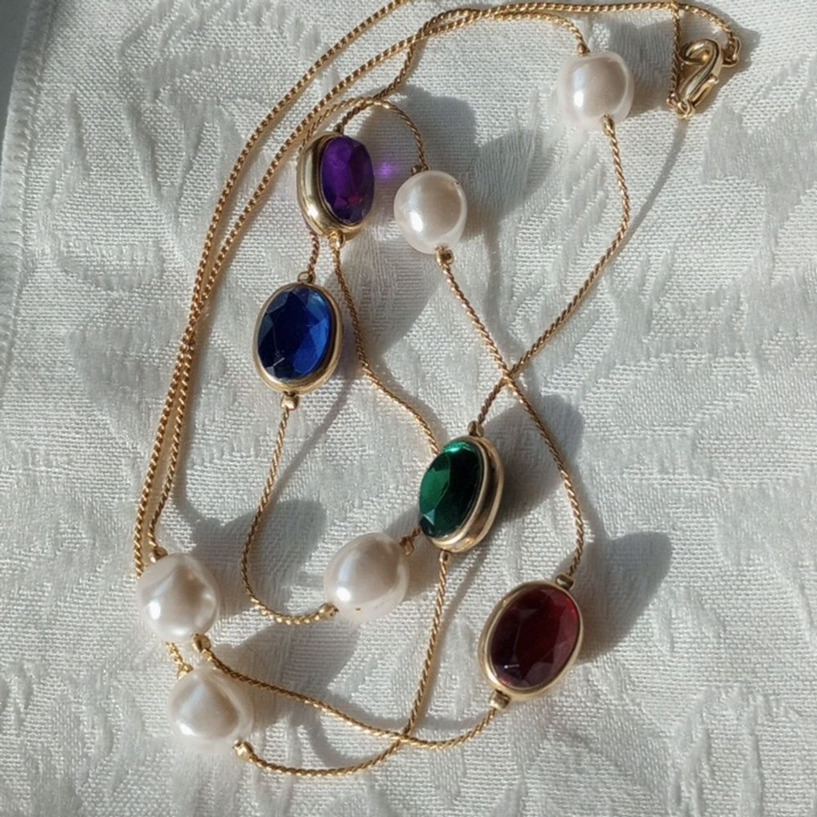 Station Necklace Gold Tone faux Ruby, Sapphire, emerald, Pearl Rhinestones 32 in