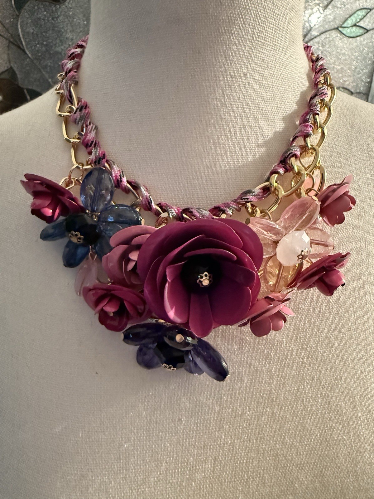 Purple Floral Statement Necklace Gold Tone Link Chain Flower Charm Pendant