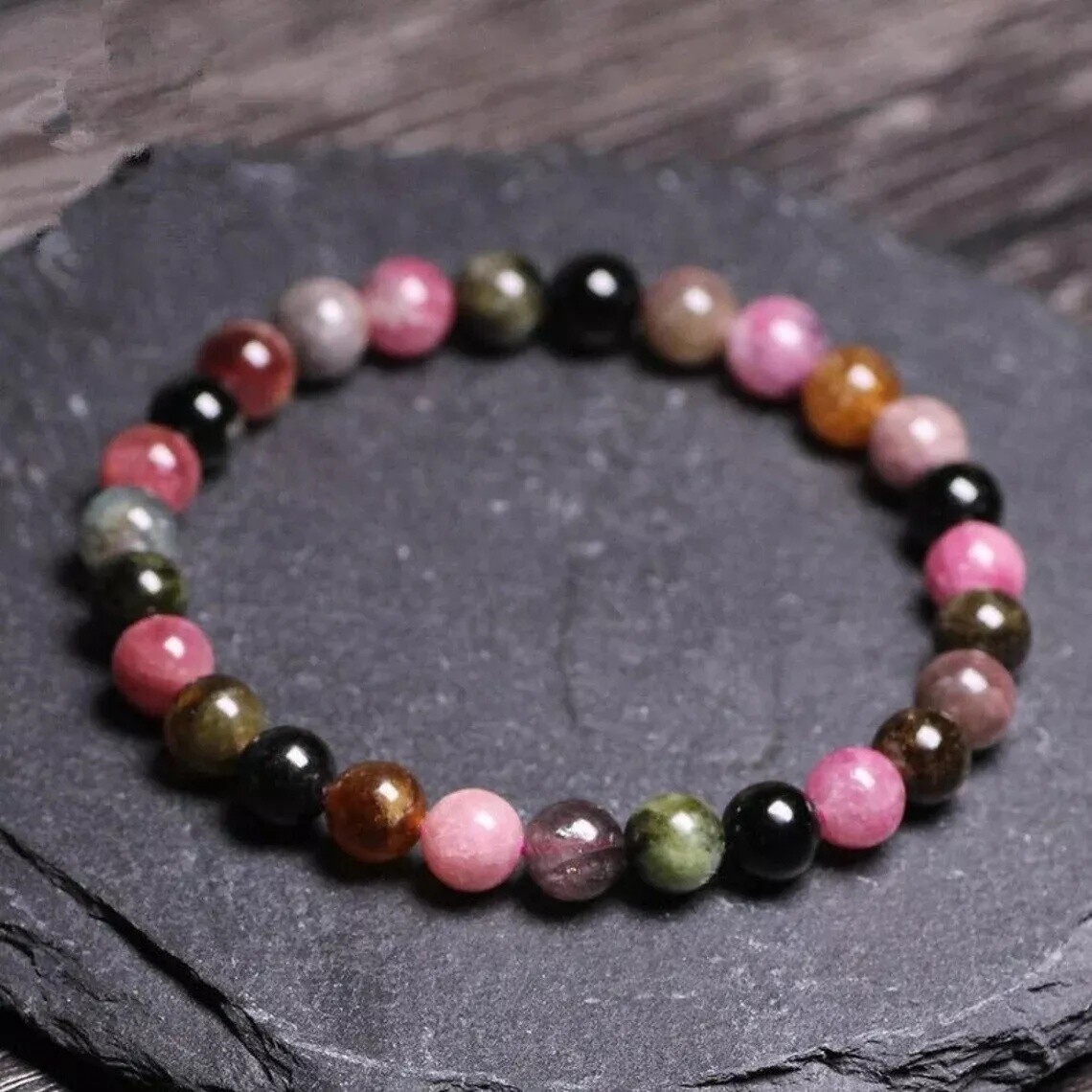 Natural 6~6.8mm Tourmaline Beaded Bracelet Gemstone Stretch Bracelet Handmade