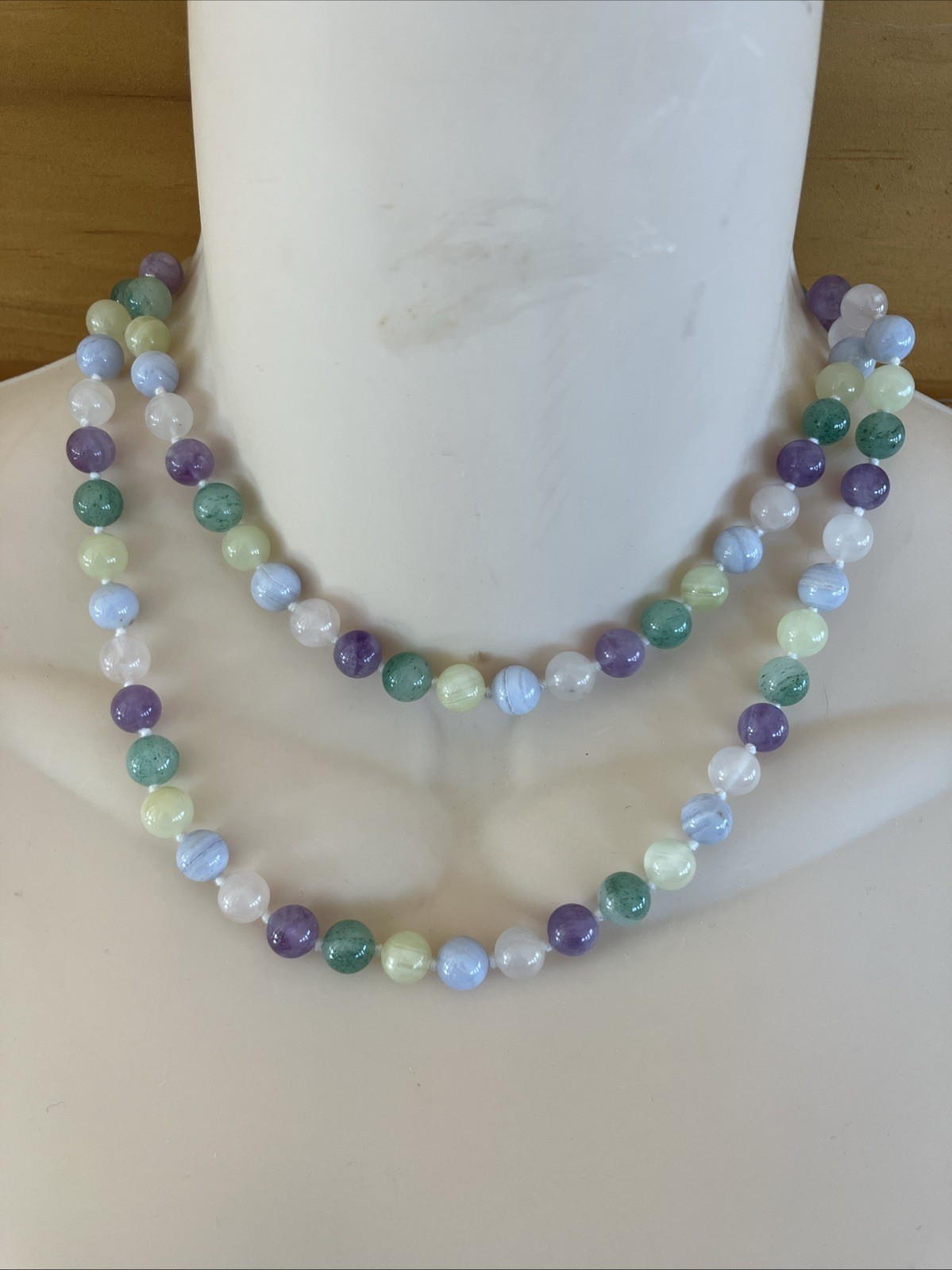 Vintage Beaded Necklace Knotted Amethyst Agate Rose Quartz Jade 31in Estate Find