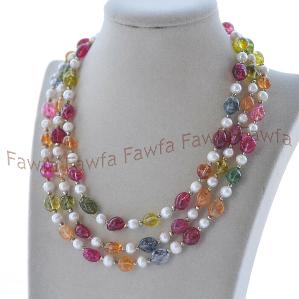 12-15mm Multicolor Tourmaline Irregular Freeform Gems 7-8mm White Pearl Necklace