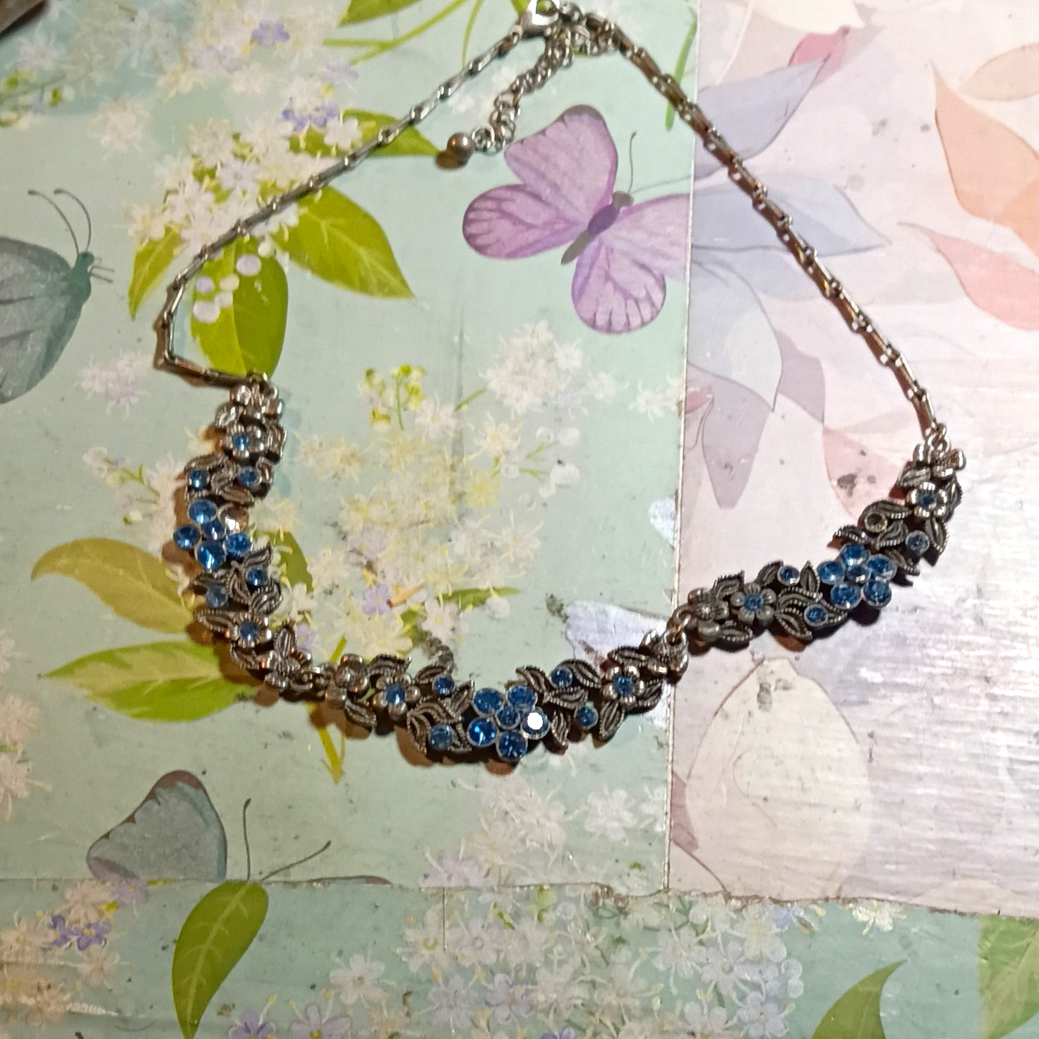 Silver Tone Blue Crystal Rhinestone Floral Statement Bar Link Chain Necklace