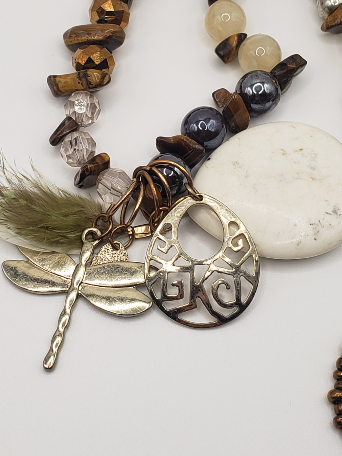 Lot of 3 Artisan Boho Statement Necklaces Elephant Dragonfly Bolo Tie Beaded