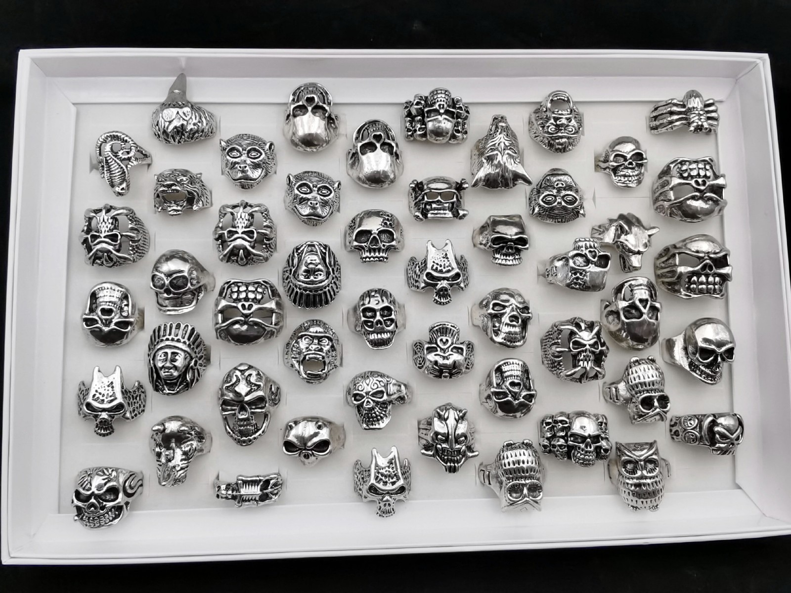 25/50Pcs Bulk Skeleton Rings Antique Silver Gothic Skull Halloween Daily Jewelry