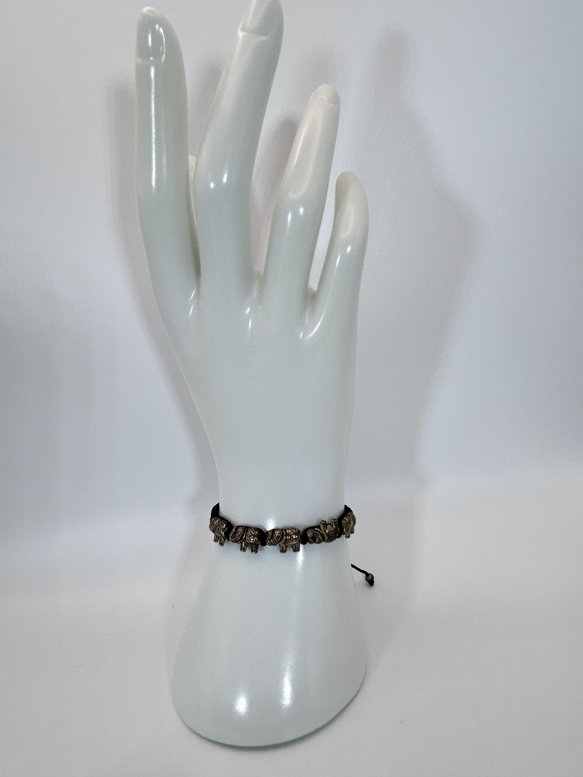 Bracelet Silver Tone Elephant Beaded Charm Adjustable Cord Slide 8″ Jewelry