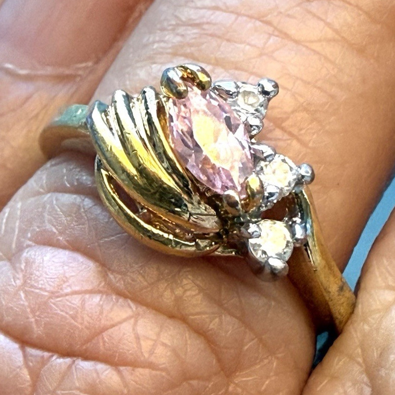 Gold Tone Cocktail Ring Size 6 Pink Marquise Center Clear Accent Stones Prong