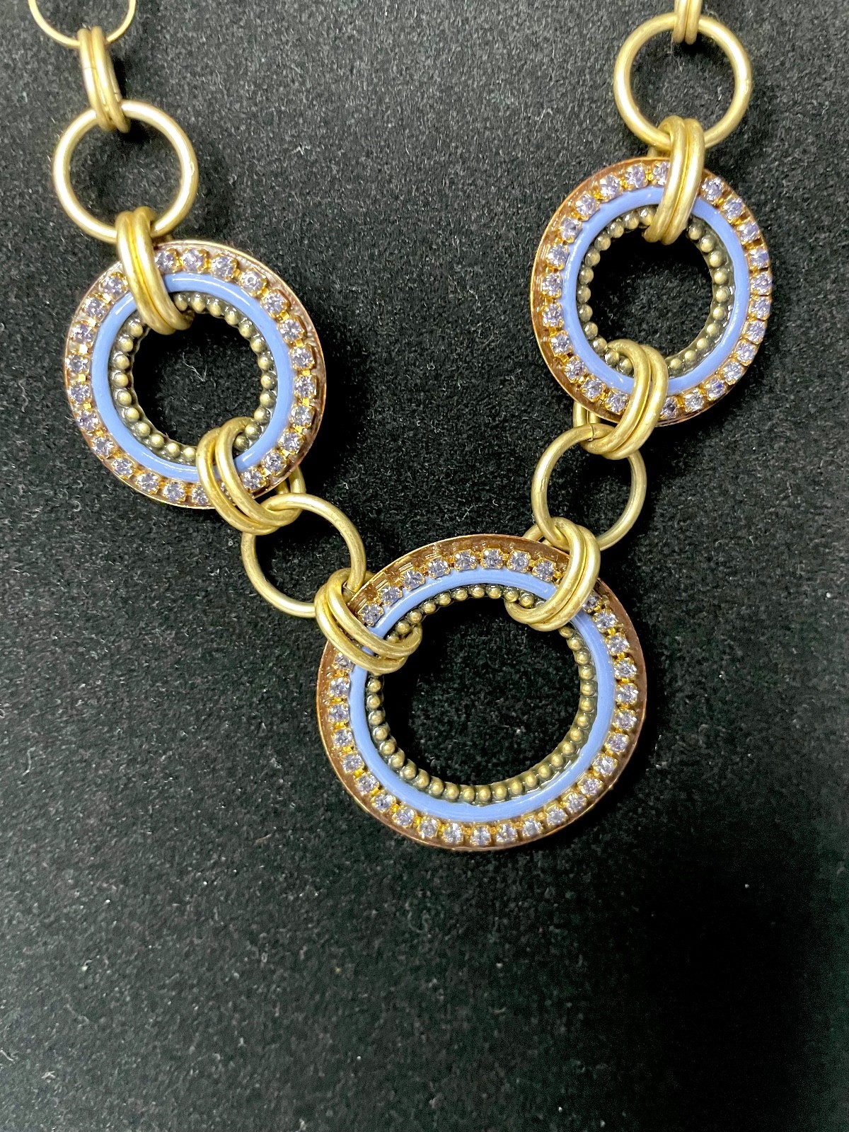 Signed Michal Golan Gold Tone Three Interlocked Ring Statement Necklace 18”